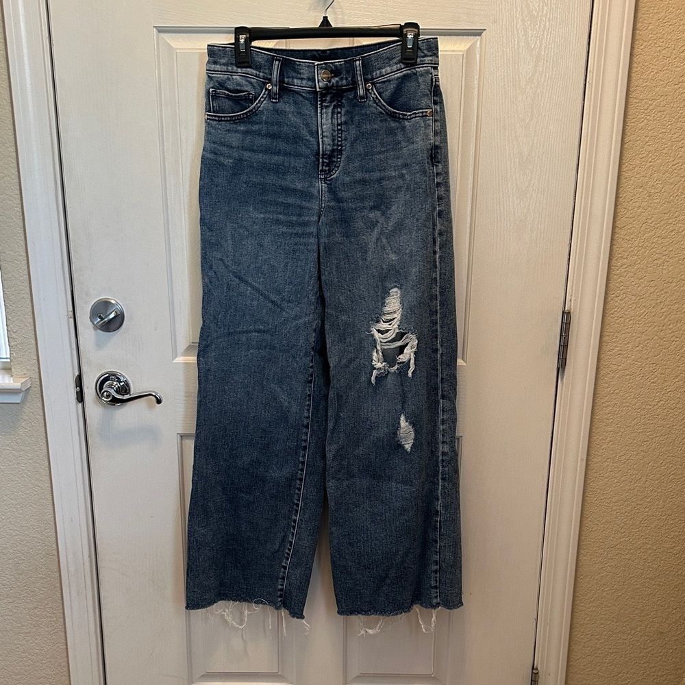 Express Blue Distressed Flare Jeans - Picture 2 of 5